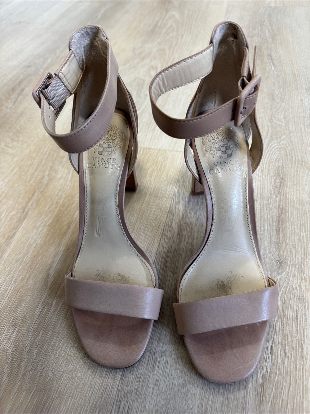 Vince Camuto Open-Toe Ankle Strap Heels in Blush Taupe